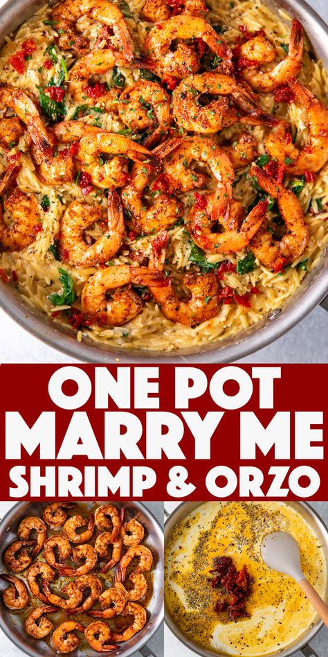 One Pot "Marry Me" Shrimp and Orzo Pasta - freshly sautéed juicy shrimp in a creamy flavor-packed tuscan inspired sun-dried tomato sauce with orzo and spinach. Shrimp Meat Recipes, Fresh Shrimp Recipes Healthy, Family Shrimp Dinner Ideas, Tasty Cajun Shrimp, Tuscan Shrimp And Spinach Pasta, One Pot Meals Shrimp, Good Easy Dinner Recipes Healthy, Healthy Dinner And Lunch Recipes, Shrimp With Sundried Tomatoes Recipe