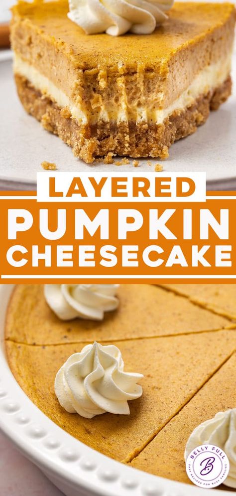 This Layered Pumpkin Cheesecake is the best combination of two dessert favorites, including a creamy cheesecake base, a layer of spiced pumpkin cheesecake, and a graham cracker crust. It's the perfect way to satisfy both pumpkin pie and cheesecake lovers at holiday time! Taste Of Home Pumpkin Cheesecake, Pumpkin Maple Cheesecake, Kraft Pumpkin Cheesecake, Pumpkin Pie Graham Cracker Crust Cheesecake Recipes, No Bake Cream Cheese Pumpkin Pie Recipe, Layered Pumpkin Pie Cheesecake, Small Pumpkin Cheesecake, Carmel Pumpkin Cheesecake, Pumkin Cheese Cake