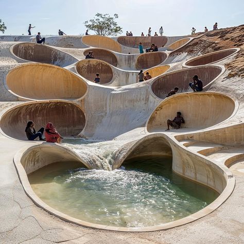 Carlos Bañon Blazquez | /imagine Bend & Blend :: We need more architectural shorelines that bend and blend, meeting the water line in tangency. Let’s enable… | Instagram Water Circulation Architecture, Water Pavilion Architecture, Cascading Architecture, Water Architecture Concept, Water In Architecture, Aquatic Architecture, Fluid Landscape, Rhino Architecture, Tranquil Spaces