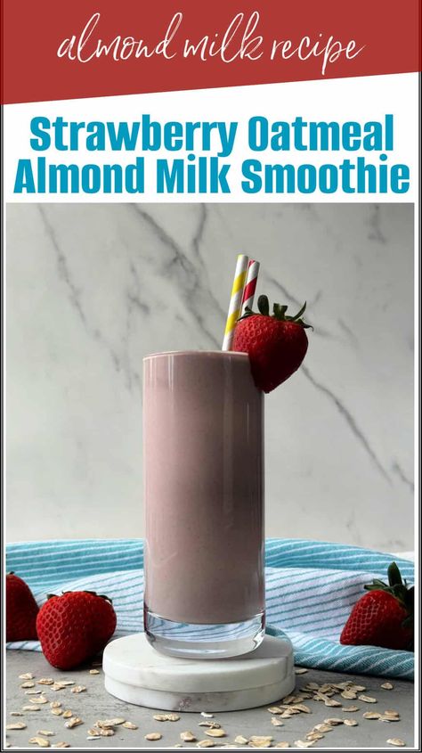 Easy Strawberry Oatmeal Almond Milk Smoothie Recipe This protein-packed smoothie blends frozen strawberries, ripe bananas, and chewy rolled oats with creamy almond milk for a delicious & satisfying breakfast on the go! Made with minimal ingredients and naturally sweetened with fruit, it's perfect for those seeking a healthy and refreshing start to their day. A high-powered blender is ideal for a super smooth texture, but any blender will work! #almondmilksmoothierecipe #breakfastsmoothie Almond Milk Fruit Smoothie, Healthy Morning Smoothies, Milk Smoothie Recipes, Almond Milk Smoothie, Almond Milk Smoothie Recipes, Oatmeal With Almond Milk, Strawberry Almond Milk, Protein Oats, Strawberry Oatmeal