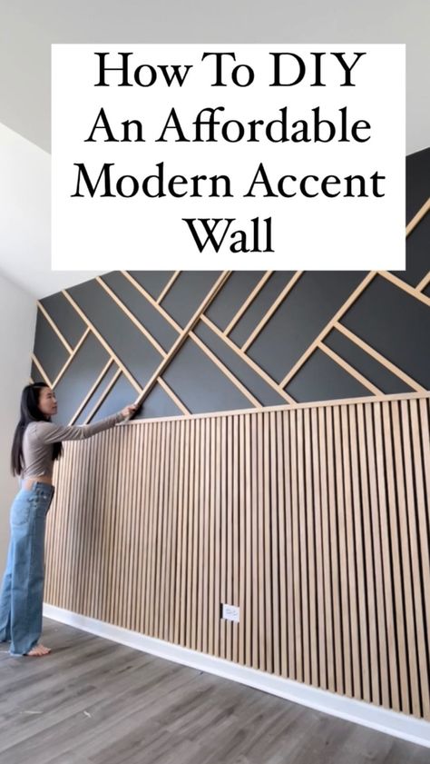 Diagonal Wood Slat Accent Wall, Geometric Slat Accent Wall, Wood Patterned Accent Wall, Easy Diy Accent Wall Ideas, Rustic Accent Wall Ideas, Geometric Trim Accent Wall, Wood Accent Wall Living Room, Diy Wood Chevron Accent Wall, Accent Wall Herringbone Pattern