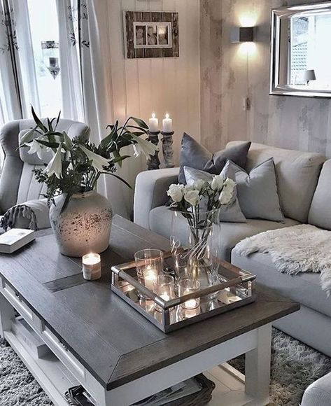 Grey Velvet Sofa Living Room Ideas #GreyLivingRoomIdeas Grey Living Room Inspo, Grey Living Room with Fireplace Table Decor Living Room, Living Room Grey, New Living Room, Decorating Coffee Tables, Cozy Living Rooms, My New Room, Living Room Inspiration, Cozy Living, Apartment Living