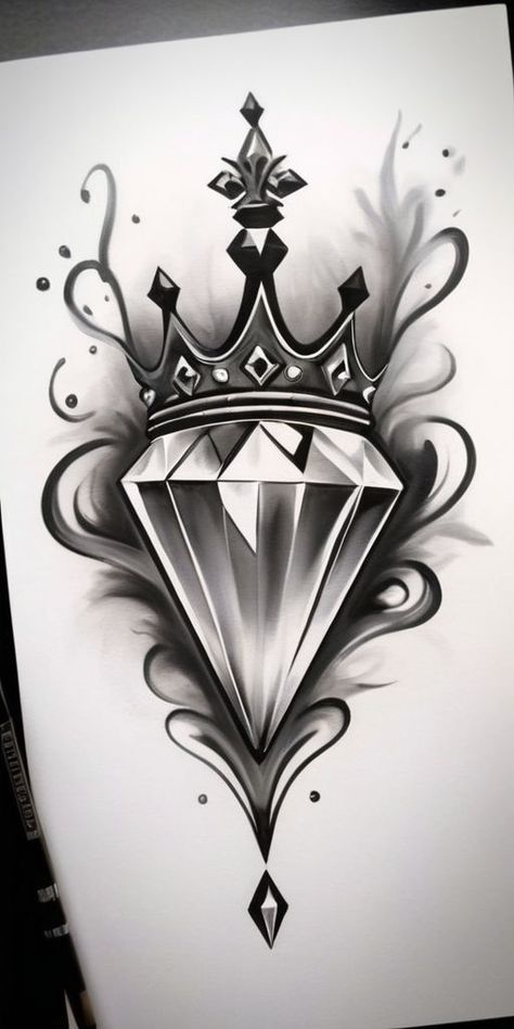 Crown And Diamond Tattoo, Heart Crown Tattoo, Crown Line Art, Sunset Tattoo Design, Hustler Tattoo, Diamond Tattoo Design, Tattoo Idea For Men, Diamante Tattoo, Diamond Crown Tattoo