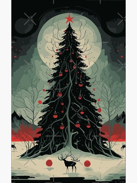 "Gothic Christmas tree" Art Print by HisteriaGR | Redbubble Pagan Christmas Art, Dark Christmas Painting, Spooky Christmas Painting, Gothic Christmas Art, Spooky Christmas Aesthetic, Creepmas Wallpaper, Gothic Christmas Aesthetic, Gothic Christmas Tree, Christmas Goth