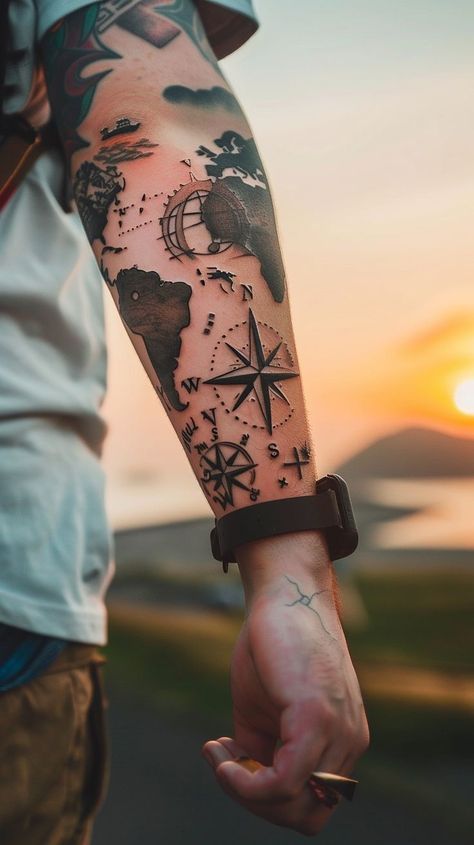 Detailed map and compass tattoo on arm against sunset, travel and adventure theme Adventure Tattoos For Men, Tattoo Ideas For Men Ocean, Compass Rose Tattoo Men Forearm, Small Tattoo Leg Men, Sleeve Tattoos Travel, Travelling Tattoos Men, Detailed Tattoo For Men, Paris Inspired Tattoos, Nautical Map Tattoo Design