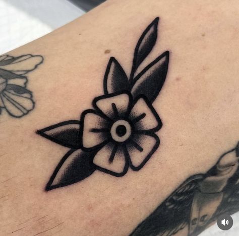 Bold American Traditional Tattoo, Black Work Small Tattoo, American Traditional Flower Tattoo Flash, American Trad Filler, Small Tattoos American Traditional, American Trad Flower Tattoo, Traditional Tattoos Flower Black, Trad Flower Tattoo Black, Flower In Pot Tattoo