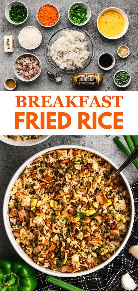 Black Rice Breakfast, Fried Rice Breakfast Bowl, Breakfast Egg Fried Rice, Fried Rice Sausage, Eggs With Rice Breakfast, Rice And Fried Egg, Bacon Fried Rice Recipe Easy, Rice Eggs Breakfast, Rice For Breakfast Recipes