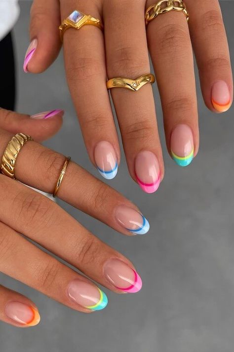 50+ Short Summer Nails To Elevate Your Look This Vacation Cute Short Acrylics, Nail Vacation Ideas, Colorful Nails French Tip, Summer Nails Not Acrylic, Colorful Summer Nails 2024, Summer Tip Nails, Neon Nail Inspo Short, Hot Vacation Nails, Colorful Beach Nails