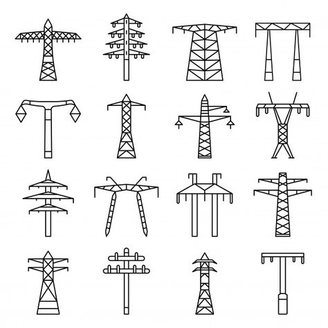 Electrical tower icon set. outline set of electrical tower vector icons Premium Vector Electric Pole Drawing, Electricity Art, Electric Icon, Power Towers, Electric Pole, Physics Projects, Transmission Tower, Electrical Symbols, Electrical Circuit Diagram