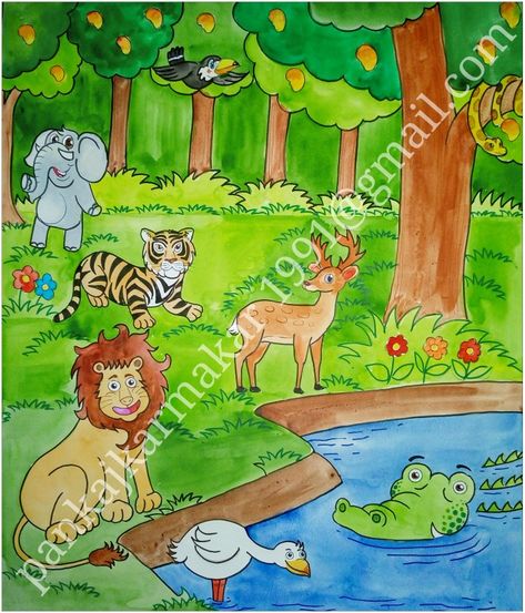 Easy jungle painting with water colour by Pankaj karmakar Jungle Drawing Forests, Animals In Jungle Drawing, Jungle Drawing Easy With Animals, Forest Animal Drawings Easy, Forest Scenery Drawing For Kids, Forest With Animals Drawing, Jungle Painting Easy, Jungle Scene Drawing, Easy Forest Drawings