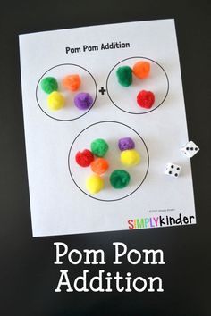 This pom pom addition game is a fun and simple hands-on math activity for kindergarten. Addition Games Kindergarten, Activity For Kindergarten, Addition Games, Prek Math, Kindergarten Math Activities, Pom Pom Crafts, Math Activity, Math Addition, Math Methods