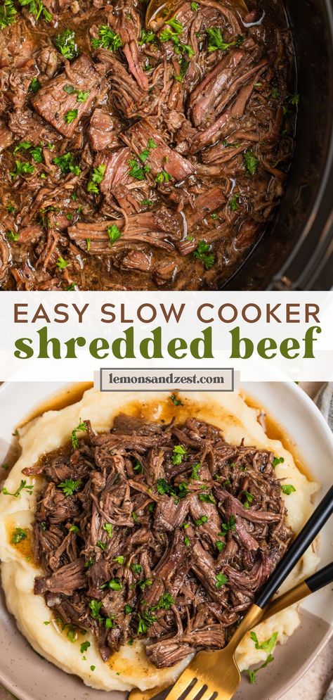 This easy, 5 minute prep Slow Cooker Shredded Beef is so juicy and melt in your mouth with amazing flavor. So versatile and can be eaten over noodles, mashed potatoes, in tacos, and more. A perfect dump and go slow cooker dinner recipe! Chuck Roast Crock Pot Recipes, Crockpot Shredded Beef, Crock Pot Chuck Roast, Shredded Beef Recipe, Shredded Beef Sandwiches, Slow Cooker Shredded Beef, Shredded Beef Recipes, Crockpot Roast Recipes, Pot Roast Crock Pot Recipes