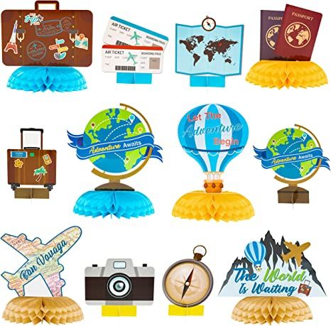 Adventure Awaits Party, Travel Theme Party Decorations, Kids Party Centerpieces, Bon Voyage Party, Around The World Theme, Adventure Decor, Travel Party Theme, Adventure Party, Party Fotos