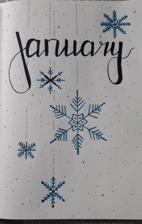 January Calendar Doodles, January Drawing Ideas, Bujo January Theme, January Title Page, Planers Ideas Diy, January Drawings, January Journal Ideas, January Title, Bullet Journal Month Cover