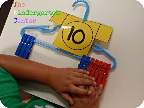 Addition within 10 (plastic hanger and clothespins) Math Number Sense, Kindergarten Centers, Creative Curriculum, Math Addition, Math Workshop, Math Numbers, Math Stations, First Grade Math, 1st Grade Math