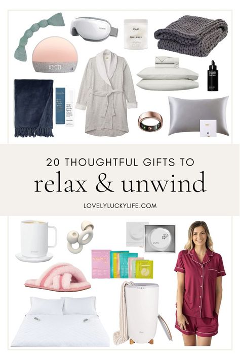 Looking for the perfect gift for a woman who needs some relaxation and self-care? Look no further than these 20 thoughtful relaxation gifts for women to help her unwind and de-stress. From cozy blankets to luxurious loungewear, these gifts will show her how much you care about her sanity. #mothersday #giftguide #giftideas #relax #pampered #selfcare #giftsformom #mom #mother Spa Gifts Ideas For Women, Comfort Gifts For Women, Relaxing Gift Basket Ideas, Self Care Gift Ideas For Women, Relaxing Gifts For Women, Relaxation Basket Ideas, Gifts For Relaxation, Cozy Gifts For Women, Homebody Gifts For Women