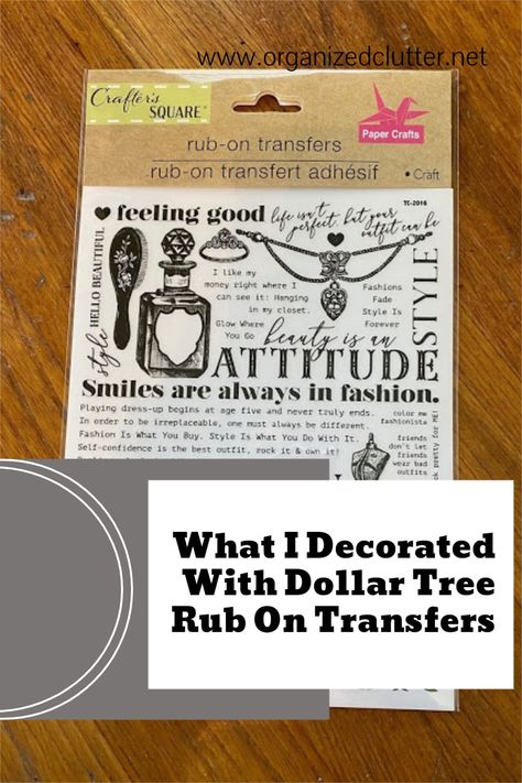 Rub On Transfers For Furniture Farmhouse, Diy Furniture Transfers, Dollar Tree Stencil Crafts, Rub Ons Transfers, Crafts Using Rub On Transfers, Diy Rub On Transfer How To Make, Dollar Tree Stencils, Dollar Tree Rub On Transfers Diy, Rub On Stickers