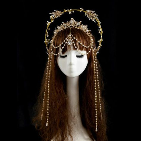 Women Halo Crown Gold Headband Virgin Mary Tiaras Headpiece Wedding Party | eBay Halo Crown Wedding Veil, Dangling Headpiece, Viking Crown Queens, Cool Head Pieces, Wedding Crown Gold, Fantasy Jewelry Headpieces, Head Dress Headpieces, Witchy Headpiece, Head Jewelry Headpieces