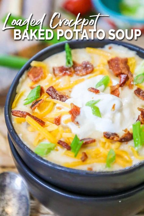 This loaded baked potato soup is made in the crockpot and THE BEST soup for cold weather! It is an easy slow cooker recipe for soup that is filling and delicious! Loaded with baked potatoes, broth, cheese, bacon, sour cream and chives, you get all the flavor of a loaded baked potato in this cozy soup recipe. It is the perfect fall or winter soup recipe but also great for football food that feeds a crowd. Make for a weeknight recipe, or set the crockpot potato soup up as a bar w all the toppings! Potato Soup Cream Cheese, Crockpot Loaded Baked Potato, Crockpot Loaded Potato Soup, Baked Potato Soup Crock Pot, Recipe For Soup, Loaded Baked Potato Soup Recipe, Crockpot Potato Soup, Crockpot Potato, Baked Potato Soup Recipe