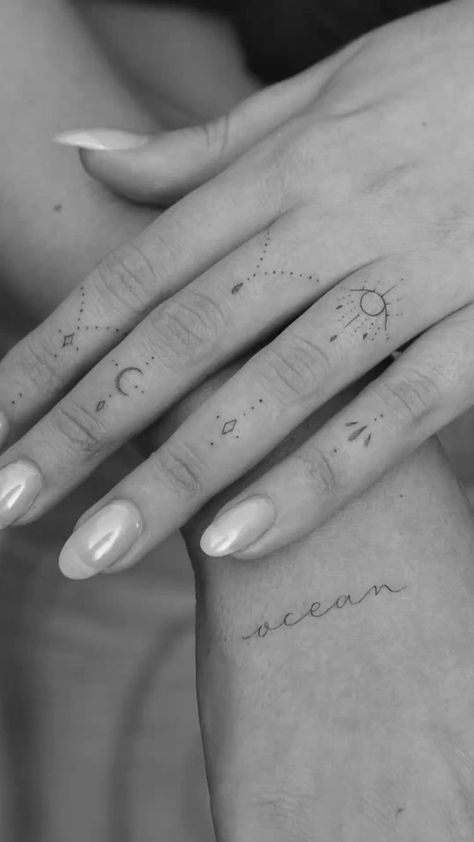 Small Fine Line Hand Tattoo, Celestial Finger Tattoos For Women, Crescent Moon Finger Tattoo, Finger Tattoo Moon, Pinkie Tattoo, Witchy Finger Tattoos, Pine Tattoo, Taboo Tattoo, Simple Tattoos For Women