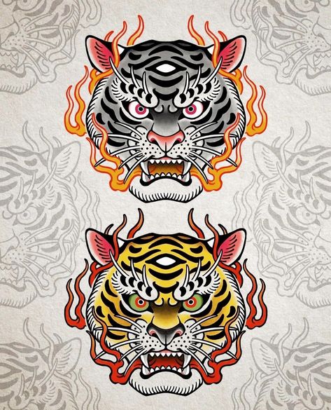 Japanese Tiger Tattoo Design, Tiger Tattoo Traditional, Tiger Flash Tattoo, Tiger Japanese Tattoo, Japanese Tiger Tattoo Traditional, Japanese Tattoo Art Traditional, Japanese Tiger Head Tattoo Design, Traditional Japanese Tiger Tattoo, Tiger Traditional Tattoo