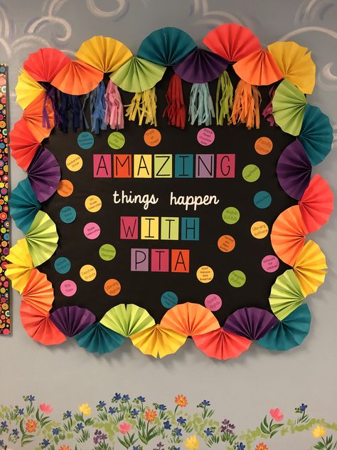 Black and brights PTA Bulletin board with a paper fan border! The circles include all of the events and functions that PTA puts on! #bulletinboard #bulletinboards #pta #rainbow #fanborder #brights #school Pta Bulletin Boards, Flower Bulletin Boards, Soft Board Decoration, Art Bulletin Boards, Bulletin Board Design, School Board Decoration, Preschool Classroom Decor, Bulletin Board Decor, School Bulletin Boards