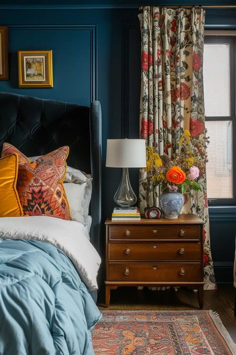 25 Eclectic-Style Bedroom Ideas for a Unique and Personalized Space - Roomy Retreat Eclectic Bedroom Nightstands, Old World Eclectic Decor, Eclectic Moody Bedroom, Cozy Retro Bedroom, Eclectic Master Bedrooms Decor, Blue Guest Bedroom Ideas, Traditional Eclectic Bedroom, Mix Matched Bedroom Furniture Ideas, Mismatched Bedroom Furniture