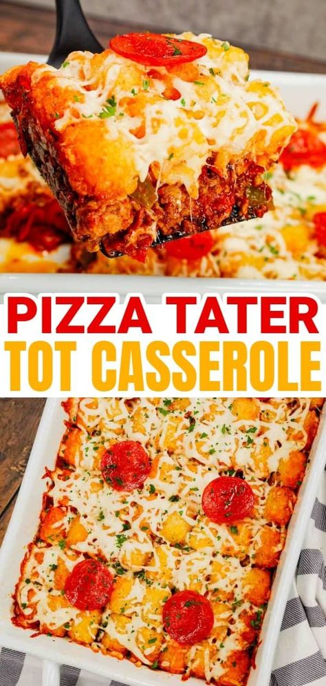 Pizza Tater Tot Casserole is a hearty casserole loaded with ground beef, Italian sausage, pepperoni, green peppers, onions, pizza sauce, mozzarella cheese and crispy tater tots. Loaded Tater Tots Recipes, Pizza Tater Tot Casserole, Tot Recipes, Hamburger Potato Soup, Tater Tot Recipes, Tater Tot Casserole Recipes, Ground Beef Casserole Recipes, Fantastic Recipes, Crockpot Casserole