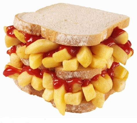 chip butty (french fry sandwich) Chip Butty, French Fried Potatoes, Fish And Chip Shop, Hot Chip, Brown Sauce, Incredible Edibles, Calorie Counter, Bread Roll, English Food