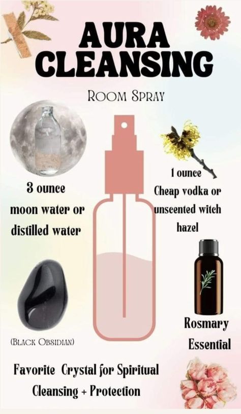 Smokeless Smudge Spray Diy, Diy Aura Spray, Diy Aura Cleansing Spray, Diy Cleansing Spray, Cleansing Spray Witchcraft Diy, Aura Spray Recipe, Spray Spells, Diy Energy Clearing Spray, Diy Room Spray Recipes