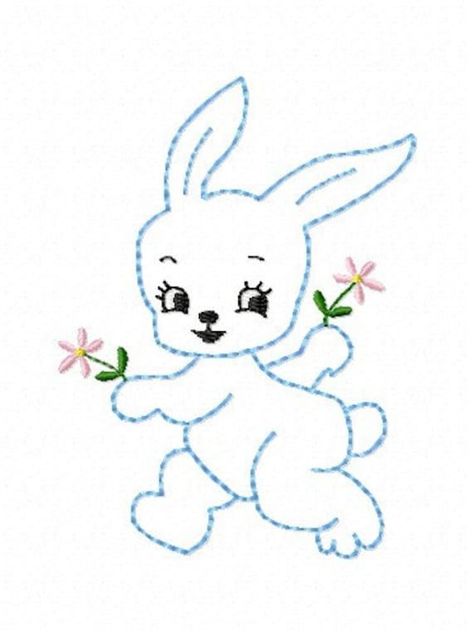 "BABY BUNNY Machine Embroidery Design (You must have an embroidery machine to stitch this design) 4\" X 4\" HOOP This design is adapted from a vintage embroidery pattern and digitized for machine embroidery in color backstitch. Combine this design with mty other Baby Animal designs to create your own quilt blocks, bibs and more. They will be sure to become a treasured heirloom. PLEASE NOTE: You are purchasing the Bunny design only. The last picture is a sample of the coordinating designs available in my store. Customer Comments  \"I bought your first set of baby Animals a while back and love the way they stitch out! Thanks\" N  These are high quality, affordable machine embroidery designs. All of my designs are manually punched by me. I don't use automatic digitizing software and take grea Running Stitch Embroidery Design Ideas, Simple Flower Embroidery Designs, Back Stitch Embroidery, Embroidery Designs Baby, Bunny Embroidery, Embroidery Design Sets, Bunny Design, Animal Embroidery Designs, Baby Embroidery