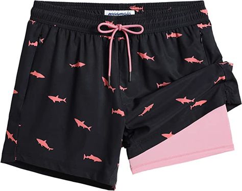 maamgic Mens Swim Trunks with Compression Liner 5" Stretch Beach Shorts Quick Dry with Zipper Pockets No-Chafing Board Shorts Mens Bathing Suits Swim Trunks, Men’s Swim Trunks, Guys Swim Trunks, Pink Shark, Swimming Wear, Paisley Shorts, Warm Pants, Current Styles, Mens Swim Trunks