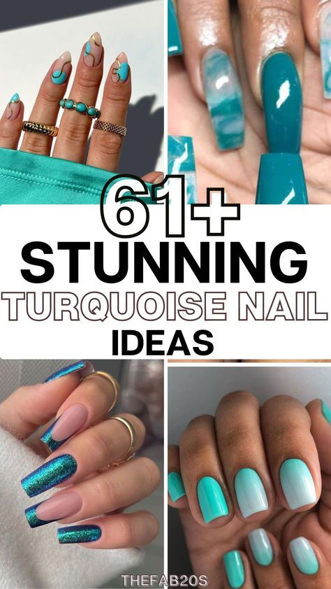 Looking for Turquoise Nails?! These Turquoise Nail ideas are stunning! If you want Turquoise Nail inspo, whether it's trendy, cute, short, long, stiletto - these Turquoise Nails are TOO good Solid Vacation Nails, Teal Nails Dip Powder, Nail Ideas Teal Turquoise, Teal Black And White Nails, Teal Green Nail Ideas, Sparkly Aqua Nails, Tourquise Nails Design Short, Nail Designs Dipping Powder, Turquoise Winter Nails