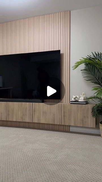 Slat Wall Tv Living Room, Tv Console Feature Wall, Vj Panneling Tv Wall, Wood Panels Tv Wall, Wallpaper Slat Wall, Tv Wall Slat Panel, Wooden Slats Media Wall, Tv Wall Design Japandi, Tv Wall Wood Panel Bedroom