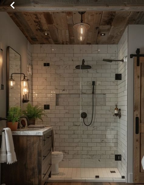 Master Bath Brick Floor, Rustic Home Renovation Ideas, Country Cottage Shower Room, Moody Boho Bathroom Ideas, Modern Rustic Shower Ideas, Farmhouse Bathrooms Rustic, Small Country Bathroom Ideas Farmhouse, Rustic Master Shower Ideas, Walking Shower Ideas Small Spaces