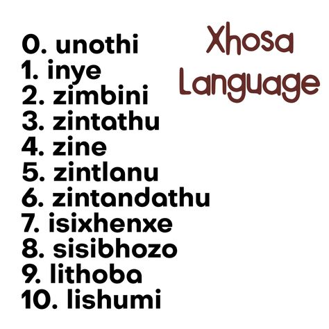 Counting in Xhosa language spoken in South Africa and Lesotho (I remember always struggling with 'isixhenxe' in Xhosa class in primary school, threw me off whenever I counted) Xhosa Language Learning, Xhosa Quotes, Xhosa Language, Capacity Activities, South African Quote, Zulu Language, African Languages, African Words, Deep Conversation Topics