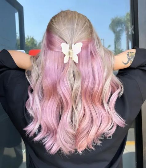 Pink Underneath Hair, Pink Peekaboo Hair, Blonde Peekaboo Highlights, Pink Peekaboo, Natural Dark Hair, Hidden Hair Color, Peekaboo Hair Colors, Blonde Hair With Pink Highlights, Peekaboo Highlights