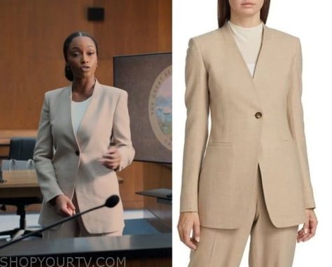 The Lincoln Lawyer: Season 2 Episode 5 Andrea's Collarless Blazer Collarless Blazer, Lincoln Lawyer Lorna Outfits, Yaya Dacosta Lincoln Lawyer, Tailored Single-breasted Blazer Dress With Suit Collar, Elegant Single-breasted Collared Blazer Dress, Classic Single-breasted Skirt Suit With Notch Lapel, Yaya Dacosta, Lincoln Lawyer, Lawyer Outfit