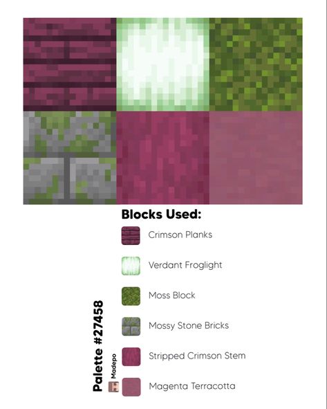 Minecraft Block Palette using crimson planks, verdant froglights, moss block, mossy stone bricks, stripped crimson stem, and magenta terracotta. #minecraft #minecraftbuildingideas #minecraftbuild #minecraftaesthetic #aesthetic #tiktok #mcyt #minecraftcottagecore Minecraft Block Palette Crimson, Terracotta Pattern Minecraft, Warped Wood Pallet Minecraft, Pink Terracotta Minecraft, Block Patterns Minecraft, Minecraft Wall Palette, Best Minecraft Block Combinations, Crimson Plank House Minecraft, Minecraft Red Gradient