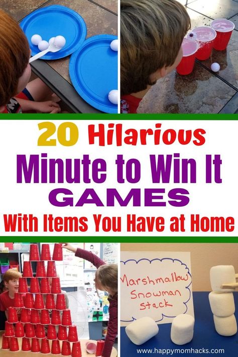 Easy & Fun Minute to Win It Games with items you have at home. Quick 1-minute games to play at birthday parties, holiday parties, classroom parties, or family game nights. The games are hilarious to watch and fun to play. Pick a few of these party games and play them at your next kid's party. It's sure to be a big hit! Easy Party Games, Games To Play With Kids, Minute Games, Birthday Party Games For Kids, Reunion Games, Family Reunion Games, Minute To Win It Games, Minute To Win, Family Party Games