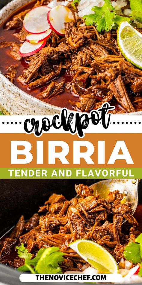 Tender and exploding with flavor, this authentic Crockpot Birria recipe is packed with dried chiles and spices for an addictively spicy sauce. Served as birria tacos or in burrito bowls, it's a perfect easy dinner! Crockpot Birria, Barrio Tacos, Mexican Birria Recipe, Beef Birria Recipe, Birria Recipe, Birria Tacos, Mexican Beef, Crock Pot Tacos, Burrito Bowls