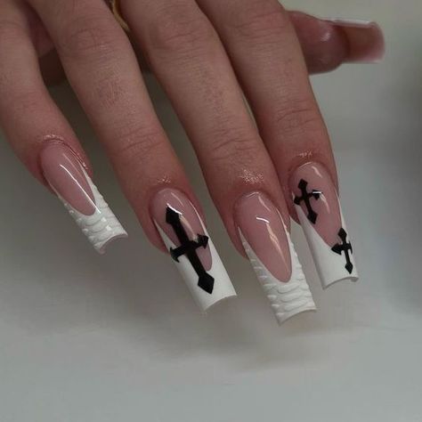 Cross Nails, Punk Nails, Edgy Nails, Beige Nails, Grunge Nails, Girly Acrylic Nails, Cute Nail, Long Square Acrylic Nails, White French