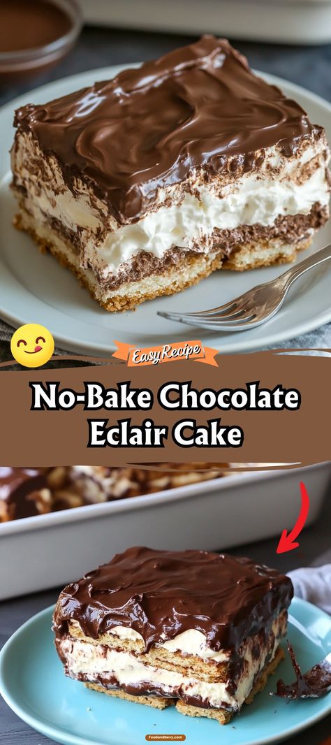 Satisfy your sweet tooth with this No-Bake Chocolate Eclair Cake. Layers of graham crackers and vanilla pudding topped with a rich chocolate frosting make this an irresistible and easy dessert everyone will love. #ChocolateEclair #NoBakeRecipe #SweetTreats Graham Cracker Eclair Cake, Easy Chocolate Eclair Cake, Graham Cracker And Pudding Dessert, Graham Cracker Vanilla Pudding Dessert, Graham Cracker Pudding Cake, Heavenly Delight Dessert, Easy Chocolate Eclair Dessert, Desserts Everyone Loves, Graham Crackers Dessert