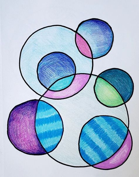 Distance Learning: Overlapping Circles – Art is Basic | An Elementary Art Blog Asymmetrical Drawing Ideas, Shapes And Forms Drawing, Circle Project Design, Circle Shapes Design, Circle Art Design Ideas, Overlapping Circles Design, Circle Art Ideas, Shapes Drawing Art, Drawing With Circles