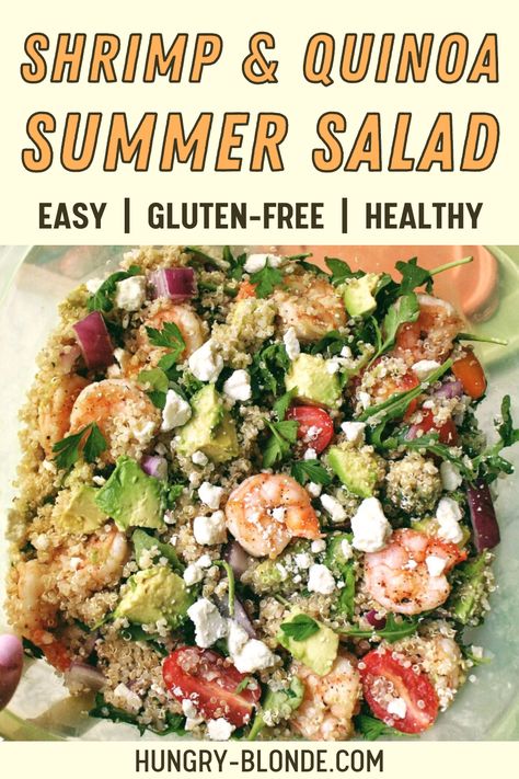 This delicious shrimp and quinoa salad is the perfect easy summer dinner or appetizer to bring to a BBQ! Loaded with shrimp, avocado, and feta, this salad idea is light and flavorful. This healthy dinner recipe or lunch idea is also gluten-free and travels well, so bring on your next picnic or cookout! #glutenfreerecipes #summerdinnerrecipes Shrimp Quinoa Salad, Shrimp Quinoa Recipes, Quinoa And Shrimp Recipes, Summer Shrimp Dinner, Shrimp Salad Recipes Healthy, Quinoa Salad Recipes Cold, Shrimp Quinoa Bowl, Bring To A Bbq, Shrimp Quinoa