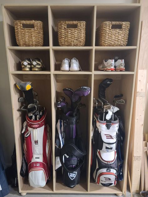 Golf Equipment Storage Diy, Golf Trolley Storage, Garage Organization Golf Clubs, Garage Golf Organization, How To Store Golf Clubs In Garage, Golf Club Storage Cabinet, Golf Club Organizer, Golf Club Organization, Storing Golf Clubs In Garage