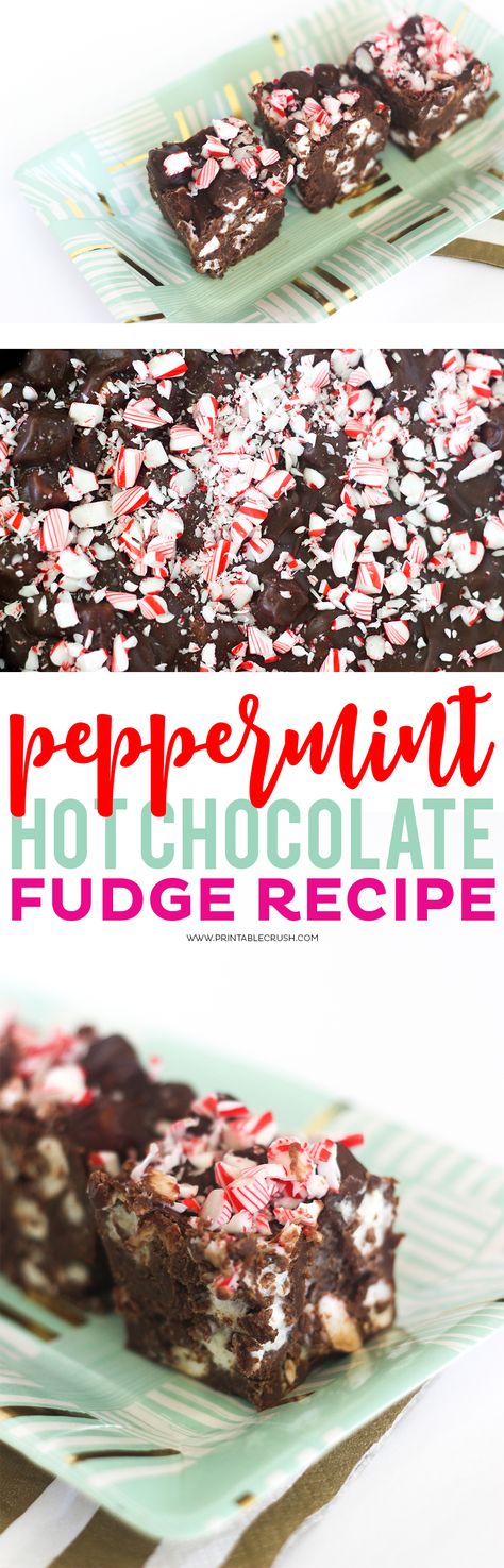 This Peppermint Hot Chocolate Fudge recipe just SCREAMS Christmas time! You'll love the rich dark chocolate fudge, tasty marshmallows, and sweet peppermint combination! Mocha Fudge Recipes, Hot Chocolate Fudge Recipe, Mocha Fudge, Hot Chocolate Fudge, Peppermint Fudge, Christmas Dessert Table, Fudge Recipes Chocolate, Christmas Fudge, Peppermint Hot Chocolate