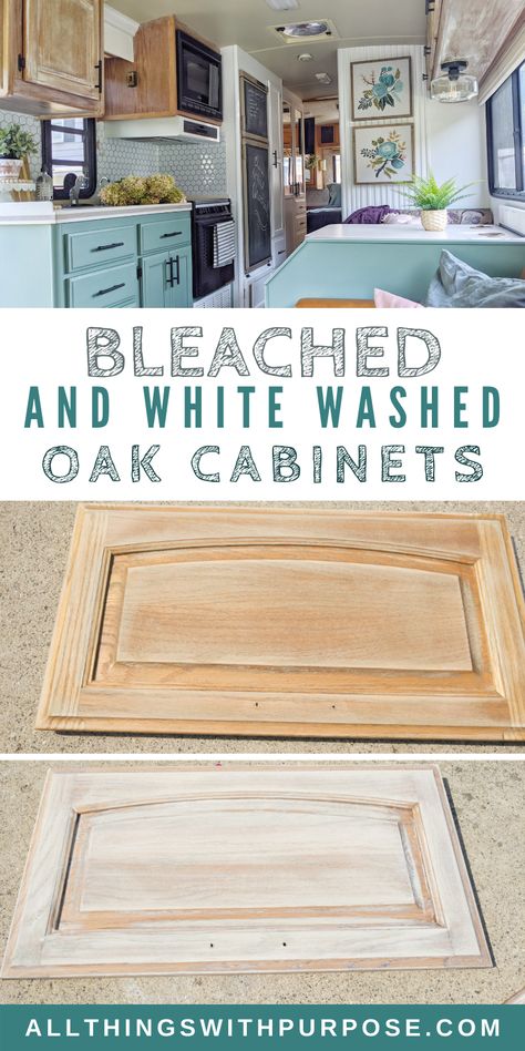 How to Bleach and White Wash Cabinets White Wash Stained Wood Cabinets, How To Bleach Kitchen Cabinets, How To Bleach Cabinets, Staining Camper Cabinets, Bleaching Oak Cabinets Diy, Whitewashed Cabinets Kitchen, Bleaching Kitchen Cabinets Diy, Lime Wash Cabinets Kitchen, White Wash Bathroom Cabinets