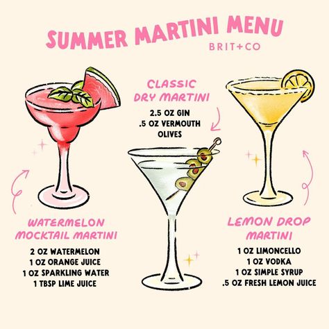 Summer Martini Menu 🍸 It's World Martini Day⁠ and we're celebrating with three martini recipes you'll want to drink all summer long! SAVE this post for the next time you're in the mood for a classic cocktail (or mocktail!)🍹 ⁠ ⁠ Classic Dry Martini 🫒 ⁠ - 2.5 oz gin⁠ - 0.5 oz vermouth⁠ - olives⁠ ⁠ Watermelon Martini (Mocktail!) 🍉 ⁠ - 2 oz watermelon purée ⁠ - 1 oz orange juice⁠ - 1 oz sparkling water⁠ - 1 tsp lime juice⁠ ⁠ Lemon Drop Martini 🍋 ⁠ - 1 oz limoncello⁠ - 1 oz vodka⁠ - 1 oz simple s... Summer Martini Recipes, Summer Martinis, Martini Recipes Easy, Watermelon Martini, Martini Recipes Vodka, Bartender Drinks Recipes, Martinis Drinks, Bartender Drinks, Pretty Alcoholic Drinks