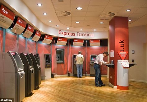 People using the automated self service machines that have been installed inside a branch ... Bank Interior Design, Banks Design, Bank Interior, College Usa, Banks Office, Atm Machine, Startup Office, Bank Design, Bank Branch